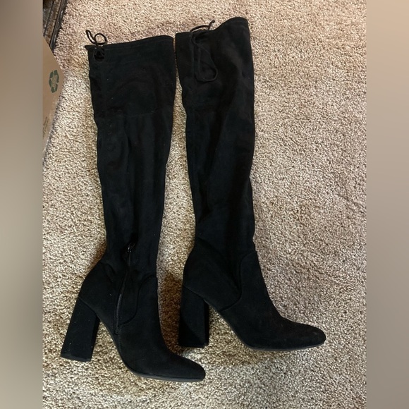 🌃💁🏻♀️👢🍂❄️Velvet Black Vegan Suede Over-the-Knee Stretch Riding Boots - Picture 6 of 6